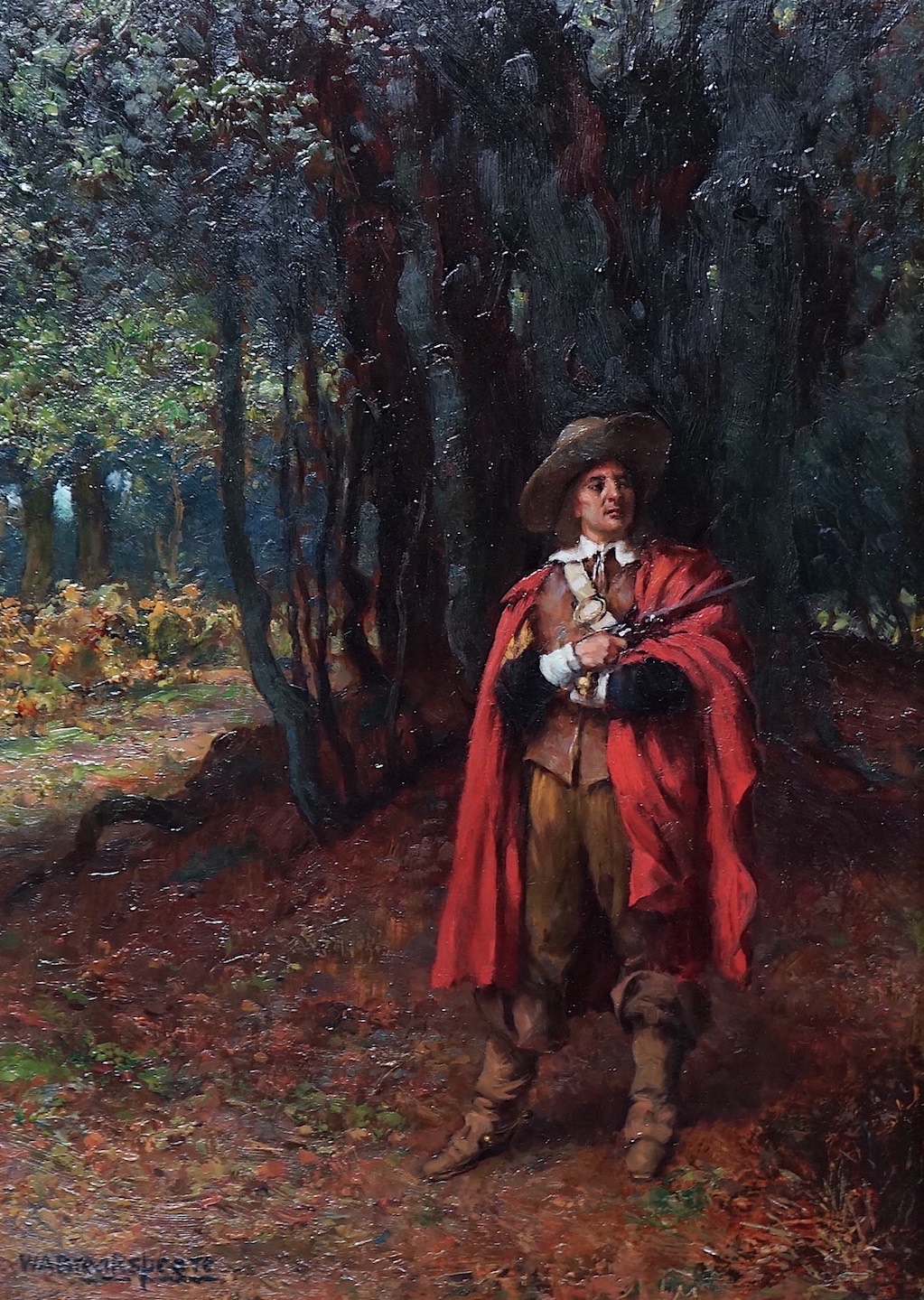 William A. Breakspeare (English, 1855-1941), Highwayman in woodland, oil on panel, 32.5 x 23cm